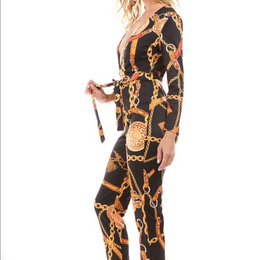 Black Gold Chain Print Jumpsuit Jumper Outfit - Picture 5 of 6